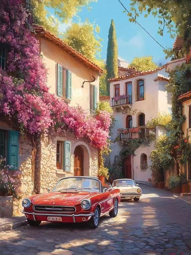 Accompany Wind Flowers Street Scenery Diamond Art Kits for Adults, 5D Landscape Diamond Painting Kits for Beginners,DIY Round Full Drill Diamonds Gem Art Crafts for Home Wall Decor Gifts 12x16 Inch