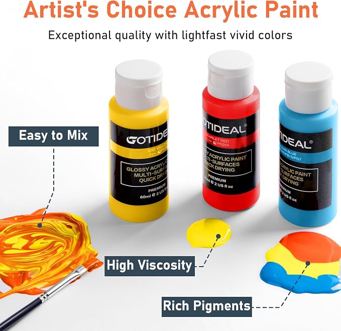 GOTIDEAL Acrylic Paint Set, 24 Colors (59ml, 2 oz), with Paint Brushes | Art Craft Paint for Adults and Kids, Perfect for Artist, Beginner, Ideal for Wood, Canvas, Rocks, Outdoor Painting Supplies