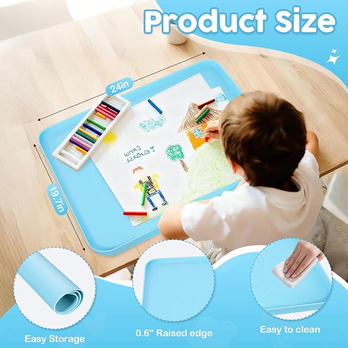 Large Silicone Mat for Crafts, 24"X19.7" Art Mat with Raised Edges for Clay, Resin, Slime, Jewelry-Making Table Protection Heat-Resistant Paint Mats, blue