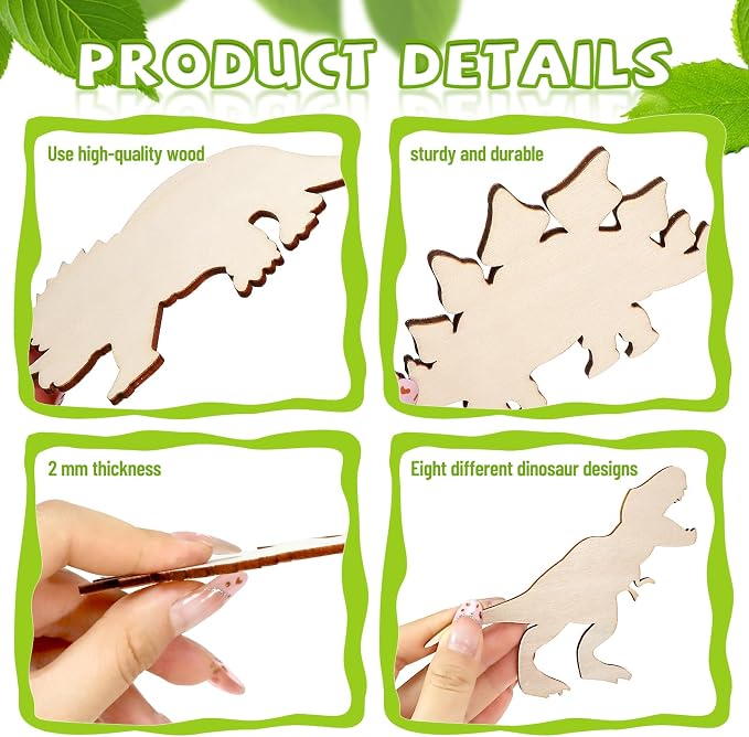 48 Pack Unfinished Wooden Dinosaur Animal Cutouts,Pterosauria,Tyrannosaurus Rex,Triceratops,Stegosaurus,Ankylosaurus Shapes Model for Home Decor Ornament,DIY Craft Art Project(6 PCS/Shape)
