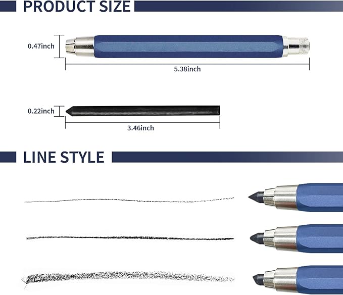 5.6mm Mechanical Pencil Lead Holder with Clip Metal Mechanical Clutch with Built-in Sharpener Automatic Graphite Pencil Lead Pencil For Construction, Draft Drawing, Crafting, Art Sketching