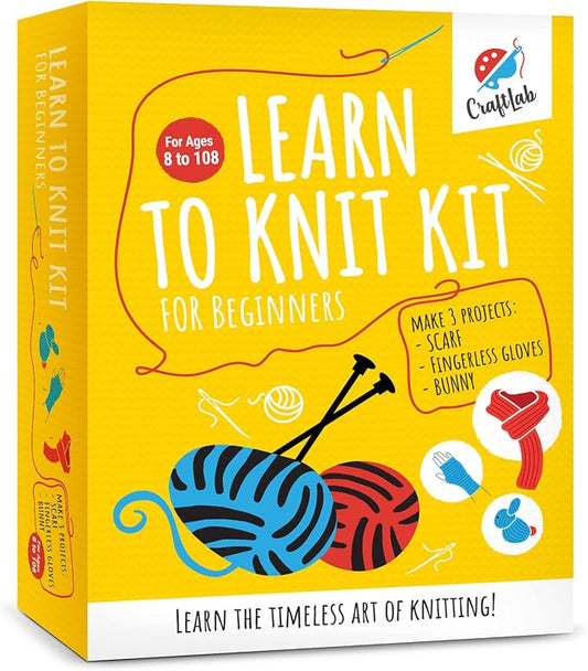 CraftLab Knitting Kit - Beginner Knitting Supplies with Wool Yarn, Needles, Instructions, DIY Gift
