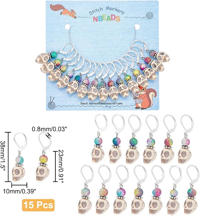 NBEADS 15 Pcs Skull Stitch Markers, Skull and Colorful Acrylic Beads Crochet Stitch Marker Charms Removable Locking Stitch Marker for Knitting Weaving Sewing Accessories Quilting Handmade Jewelry