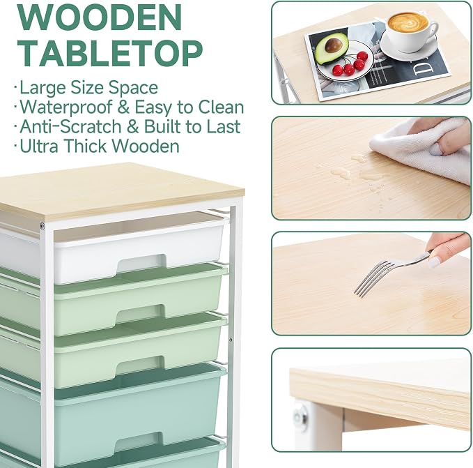 SYKIARIOL Rolling Cart with Drawers,5 Drawers Storage Cart,Light Green | 5-Tiers Utility Cart with Drawers with Lockable Wheels for Craft Organizers and Storage,Home Office,Classroom,Dorm,Playroom