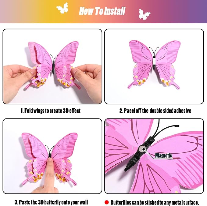 SAOROPEB 3D Butterfly Wall Decor, 24 Pcs Double Layer Butterfly Decorations for Party Decorations Locker Decor Refrigerator Decal, Reusable (Colorful)