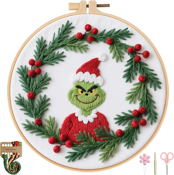 BBLYBD Christmas Embroidery Kit, 1 Set Cross Stitch Craft Kit for Beginners with Pre-Printed Embroidery Fabric, Hoop, Step-by-Step Instruction, Color Threads & Needles (Christmas-1 Set)