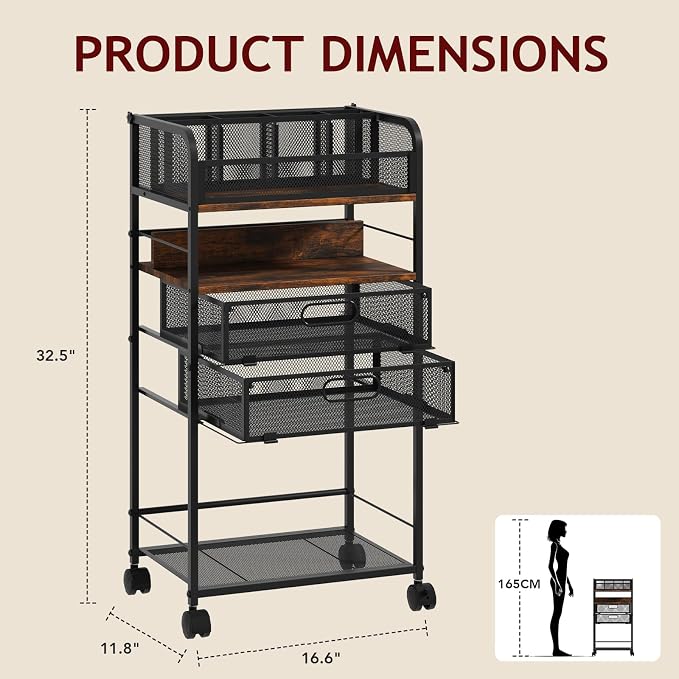 Homsorout Art cart, 5 Tier Rolling Cart - Utility Cart with Storage Drawer and Wheels, Versatile Art & Craft Organizer for Home, Office, or Studio Ideal for Storing Brushes, Paints