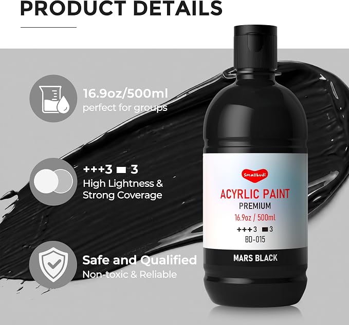 Smallbudi Black and White Acrylic Paint Set, 2 Bottles 16.9 oz/500 ml Each | Large Bulk Black Acrylic Paint & White Acrylic Paint, Non Toxic Craft Paint for Canvas, Wood, Ceramic, Fabric Crafts, DIY