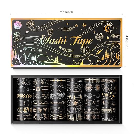 icceemee 36 Rolls Starry Theme Washi Tape Set with Celestial Patterns - Writeable Decorative Tapes for Scrapbooking, Junk Journal Supplies, Bullet Journaling 0.6" x 79" per Roll