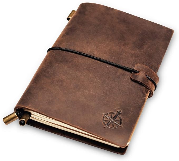 WANDERINGS Pocket Travelers Notebook – Refillable Genuine Leather Passport Size Journal – 4" x 5.25" (10 x 13.5cm) – Handcrafted – 80 GSM Blank Inserts – Small Travel Journal