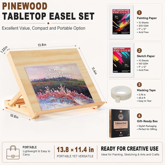 13.8"x11.4" Wooden Tabletop Easel with Paint & Sketch Papers, Masking Tape | Adjustable Art Easel Stand with 3 Angle Settings, Drawing Board for Canvas Painting, Sketching, Book Reading, Tablet Display