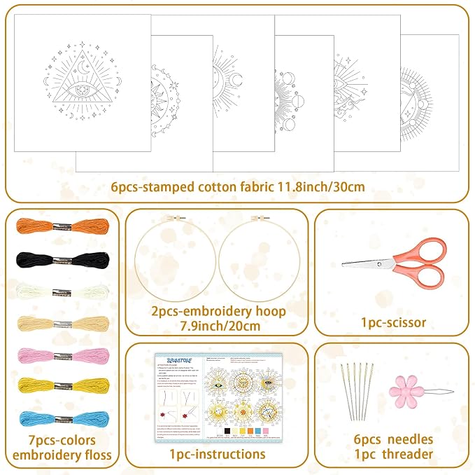 BEUNITONE 6Set Tarot Embroidery Kit for Beginners with Dreamy Pre-print Patterns, DIY Craft Kits for Adults Women with Embroidery Hoops and Full Kits, Needlepoint Kits for Home Decor and Gifts 20x20cm