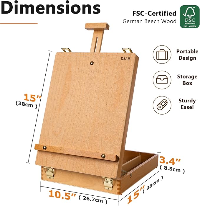 DJAR Tabletop Sketchbox Art Easel for Painting, Solid Beech Wood, Natural | Adjustable Desktop Art Stand with Storage Drawer, Portable Wooden Tool Box for Sketching, Drawing and Painting Supplies ﻿