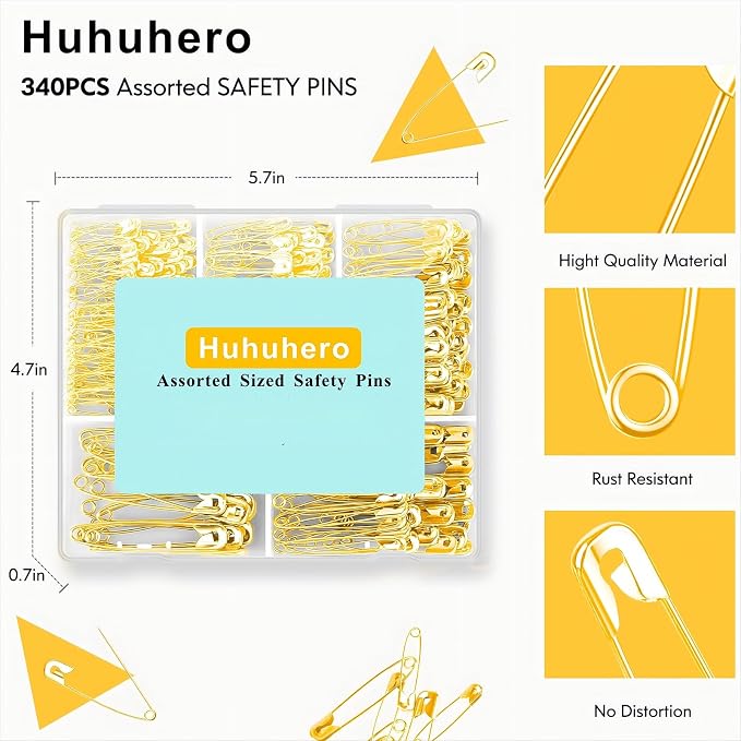 Huhuhero 340 Pack Safety Pins Assorted, 5 Different Sizes Pin Bulk, Gold