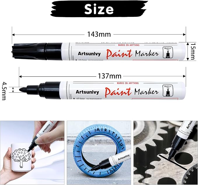 Artsunlvy Black Paint Pens Permanent Markers - 2 Pack Oil Based Quick Dry Waterproof Markers for Plastic, Tire, Rubber,Wood, Rocks, Metal, Canvas, Dark Surface,Craft Art Supplies,Medium Point