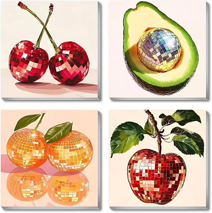 Canrichshop 4 Pack Disco Ball DIY Paint by Number Beginners,Fruit Oil Painting Adults' Paint-by-Number Kits,Acrylic Paint Kit with Frame for All Ages,Easy Paint by Numbers Kids on Canvas 8x8inch