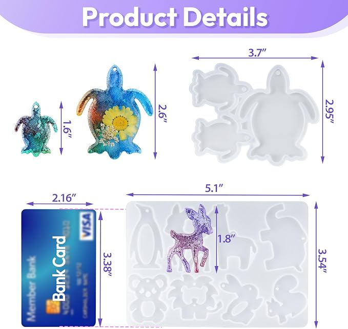 HeyClear 2PCS Keychain Resin Molds with Hole, 11 Cavities Turtle Animals Silicone Molds for Epoxy Resin Casting, Keychains, Pendants, Jewelry Making