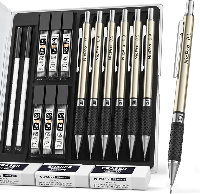Nicpro 0.9 mm Art Mechanical Pencils Set in Case, 6 PCS | Metal Drafting Pencil Lead Pencil + 6 Tube HB Lead Refill, Eraser, Comfort Grip For School Writing, Artist Drawing Sketching