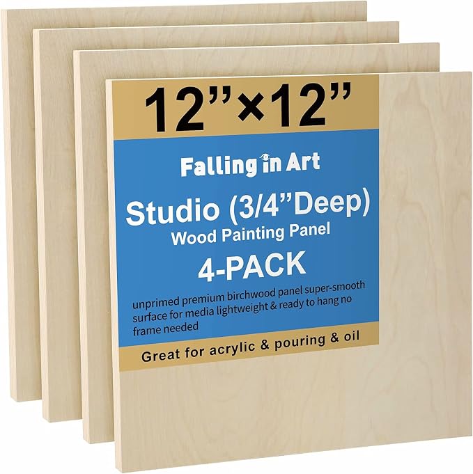 Falling in Art 4 Pack 12x12’’ Unfinished Birch Wood Panels Kit for Painting | Studio 3/4’’ Deep Wooden Canvas, Cradle Boards for Acrylic Pouring, Art, Crafts, Epoxy Resin, Laser Engraving Cutting