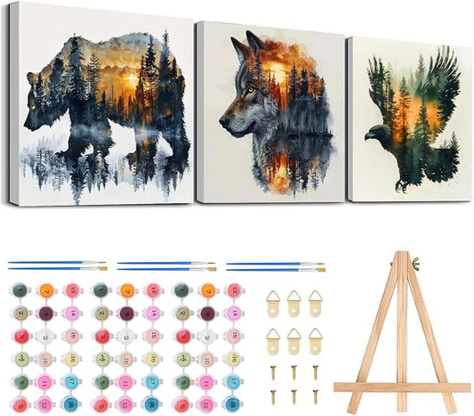 3 Pack Framed Paint by Numbers for Adult with Easel Wild Animals (8x8in) | Wolf Bear Eagle Paint by Number on Canvas Oil Painting Kit with Brushes, Easy Adults' Paint-by-Number Kits for Home Decor
