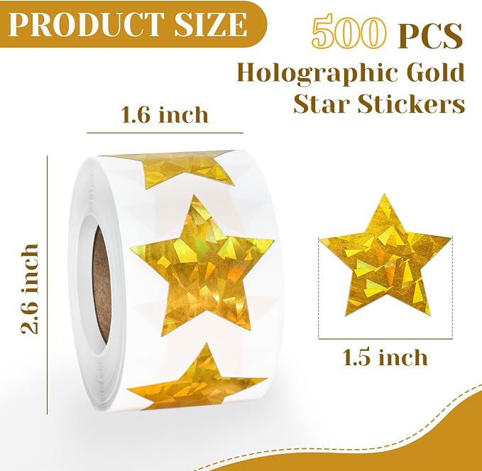 Imeepa 500PCS Holographic Gold Star Stickers, 500PCS 1.5" Reward Labels