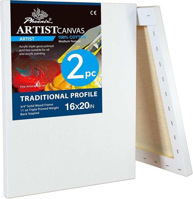 PHOENIX 16x20 Inch 2 Pack Artist Canvas - Large Stretched Canvases for Painting - 3/4 Inch Profile, 100% Cotton 11 Oz. Gesso Primed White Blank Professional Canvas Oil & Acrylic Paints