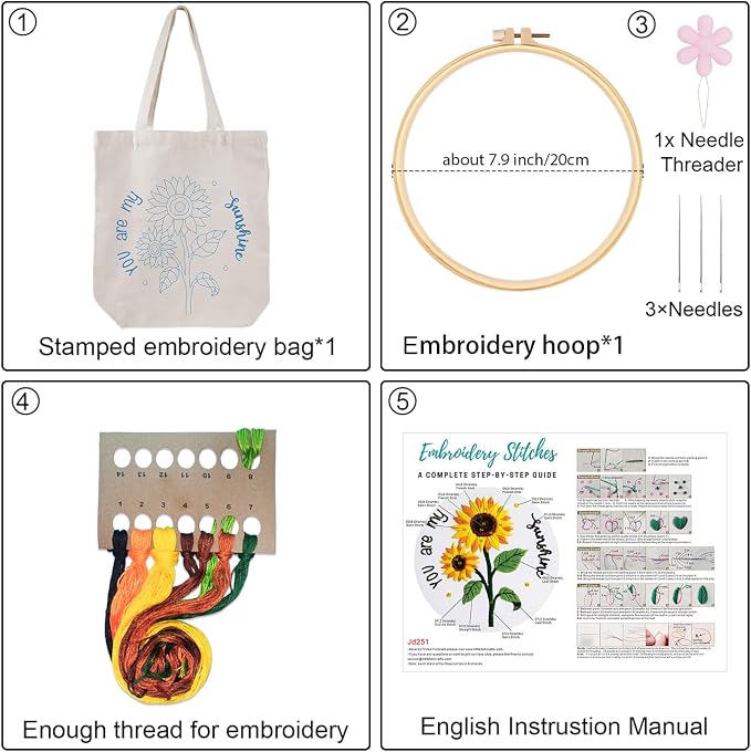 Louise Maelys Embroidery Kit Canvas Tote Bag with Sunflower Pattern