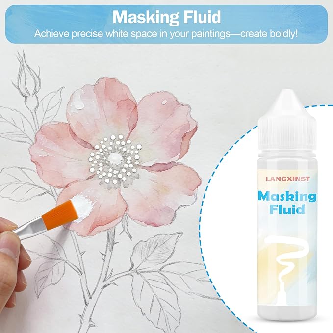 30ml White Masking Fluid for Watercolor Painting with Brushes and Eraser | Easy-peel masking fluid preserves clean white areas and sharp edges; includes two brushes and an eraser.