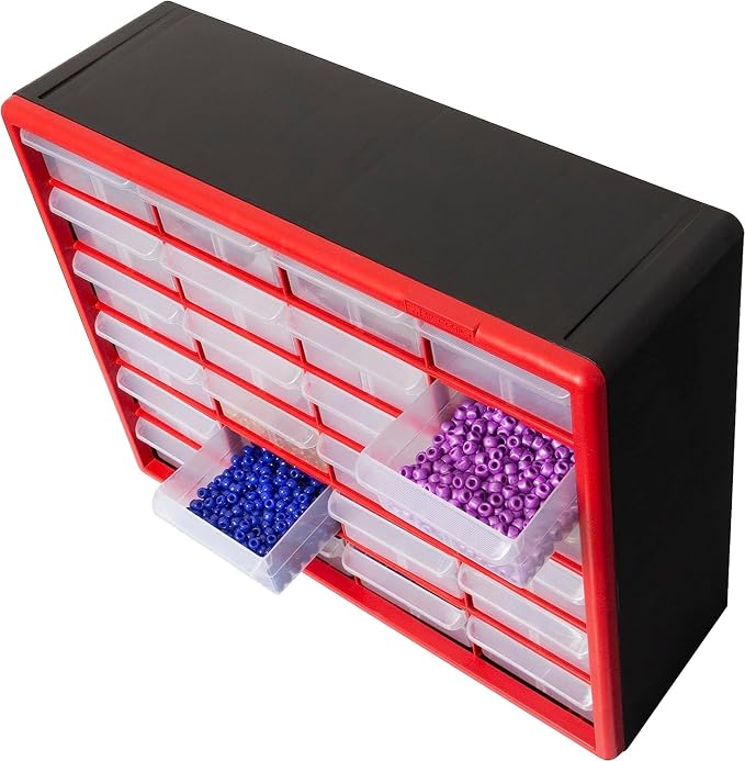 Akro-Mils 24-Drawer Plastic Storage Cabinet, 20"W x 6"D x 16"H, Red | Plastic Cabinet w/ Drawers for Garage Organization, Beads, Building Bricks Storage, Teacher Toolbox, Makeup Organizer, 10124
