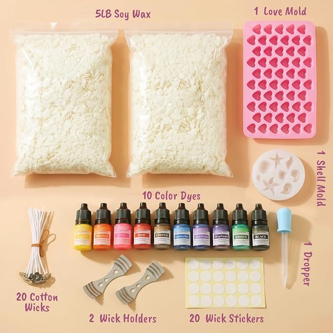 BISWYLBLJ 5 lbs Natural Soy Candle Wax for Candle Making | Soy Wax Flakes with Cotton Wick Dyes Molds,Complete Candle Making Kit Supplies for Adults,Perfect for Handmade DIY Gifts