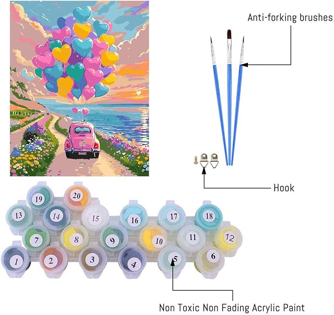 Clendo Balloon Paint by Numbers Kit for Adults, Car Paint by Number for Adults Beginner on Canvas, Ideal Gift Choice for Birthday and Festival, DIY Acrylic Paints for Wall Decor 16x20inch