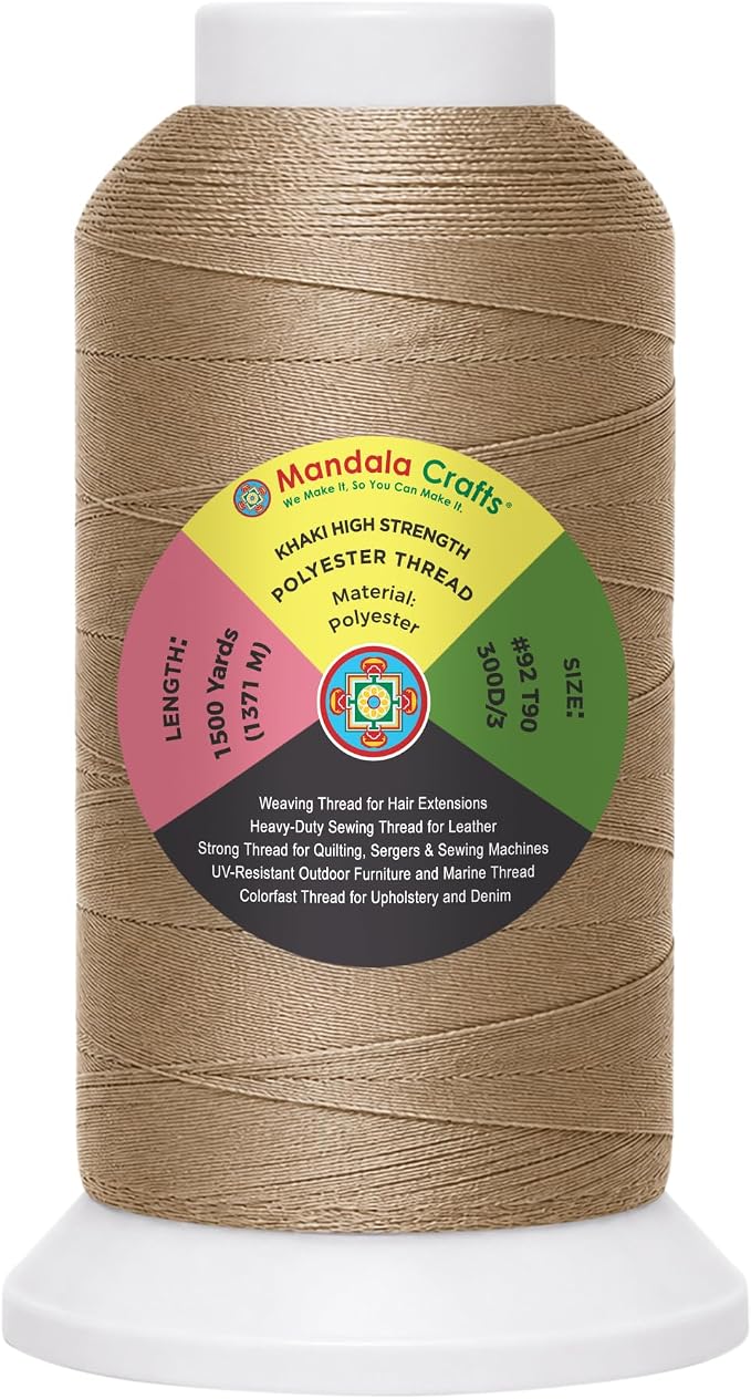 Mandala Crafts Khaki Tex 90 Polyester Heavy Duty Thread for Upholstery | 1500 Yds T90 UV Resistant Strong Thread for Leather Sewing, Marine, Drapery, Jeans, Hair Weaving & Extension, Outdoor