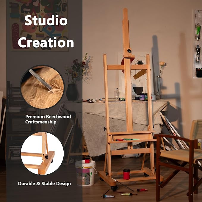DJAR Large H-Frame Art Easel for Painting, 360° Casters Wheels, Natural