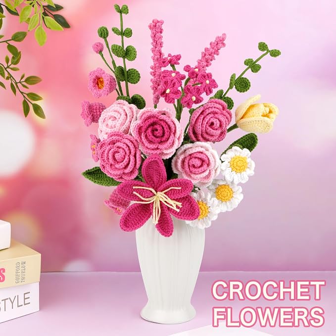 Iuuidu Crochet Kit for Beginners, Rose-Pink Flower Bouquet Crochet Kit