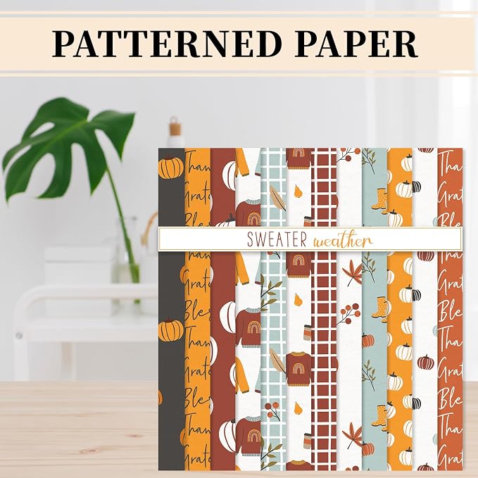 JarThenaAMCS 24 Sheets 6 x 6 Inch Fall Pattern Paper Pumpkin Sweater Double Sided Craft Scrapbook Specialty Paper for Autumn Thanksgiving DIY Card Making Photo Album Journal Decor