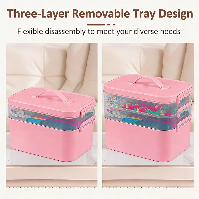 Gifhomfix 3-Layer Plastic Craft Organizers and Storage Box with Removable Trays, Storage Containers with lids and Handle, Art Supply Storage Organizer for Bead, Ornament, Nail Polish, Tape（Pink）