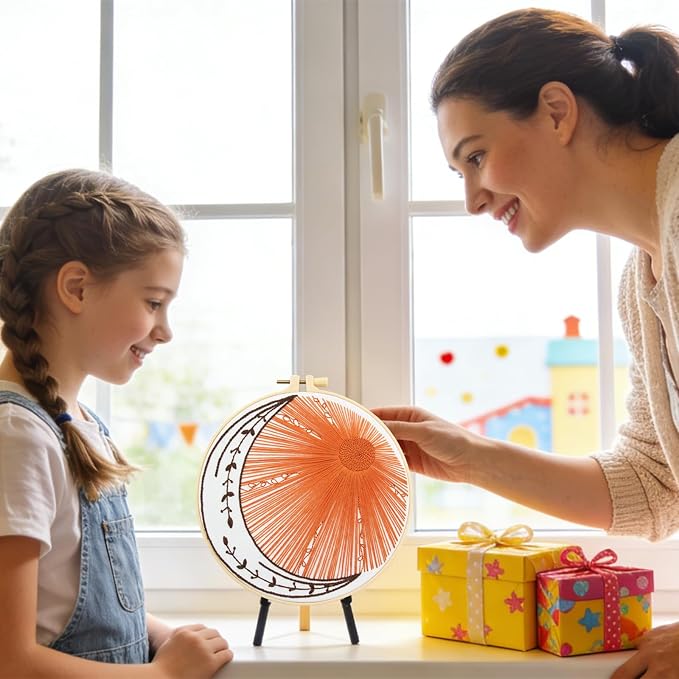 Crafmanoe Hand Embroidery Kits for Beginners Adults, Sun Moon Embroidery Starter Kits, Stamped Cross Stitch Kits DIY Needlepoint Kit for Beginners Adults, Embroidery Hoop, Thread and Video Tutorial