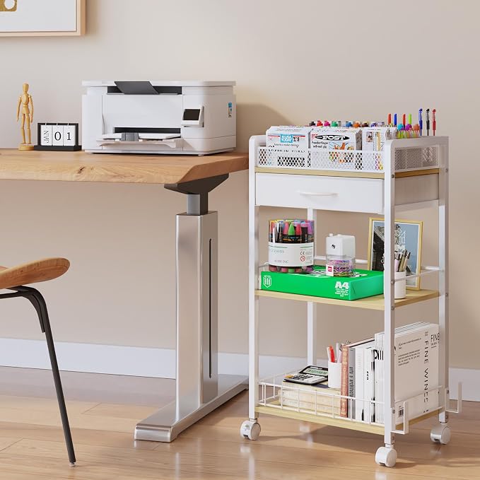 Homsorout 3 Tier Rolling Cart - Metal Utility Cart with Storage Drawer and Wheels, Versatile Art & Craft Organizer for Home, Office, or Studio Ideal for Storing Brushes, Paints, and Supplies White