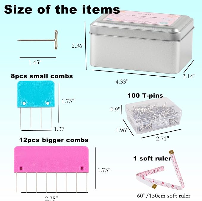 Svartur Pack of 2 Knit Blocking Pins, Total 40 Crochet Knitting Combs & 200 T-Pins, Tin Cases, Rainbow Blocking Combs for Crochet and Knitting, White & Multicolor