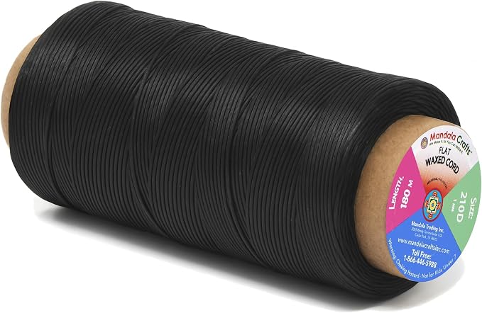 Mandala Crafts 210D 1mm Black Flat Waxed Thread for Leather Sewing