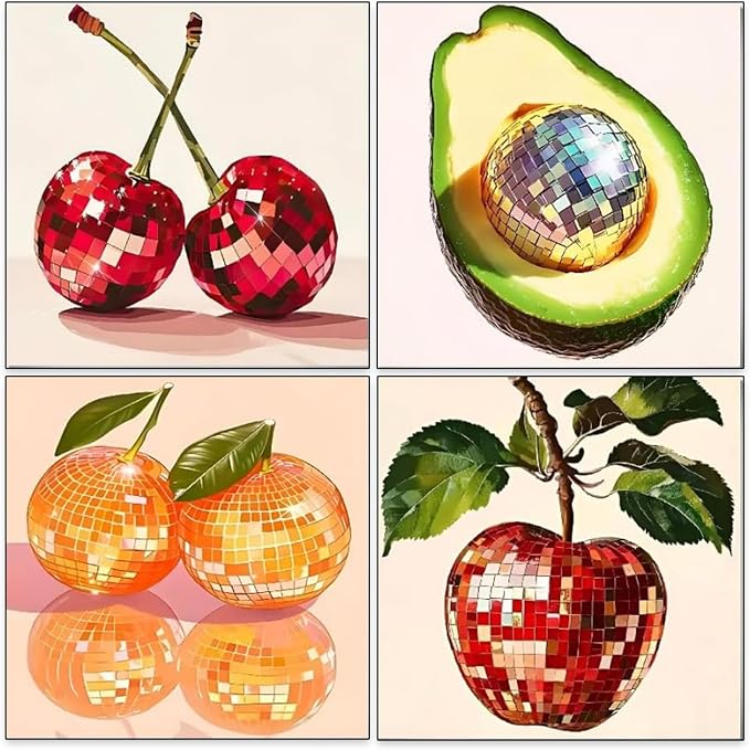 AIBOERL 4 Pack Diamond Art Kits for Adults,Fruits Diamond Painting | Round Drill Disco Fruits Diamond Painting for Beginners DIY Rhinestone 5D Diamond dots(Gemstone Craft)Wall Art Gift 12x16IN