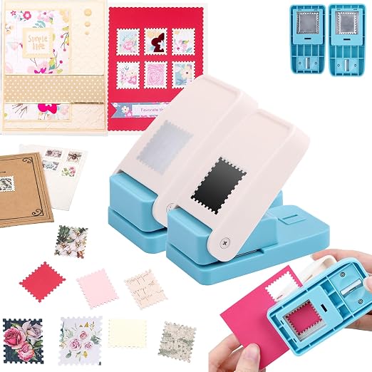 BAOFALI 2Pcs/Set Stamp Puncher 1x1inch &1x0.8inch Rectangular Postage Stamp Punch |Stamp Hole Puncher| Lever Action Paper Punches for Crafting Scrapbooking DIY Card Making Arts Crafts Supplies