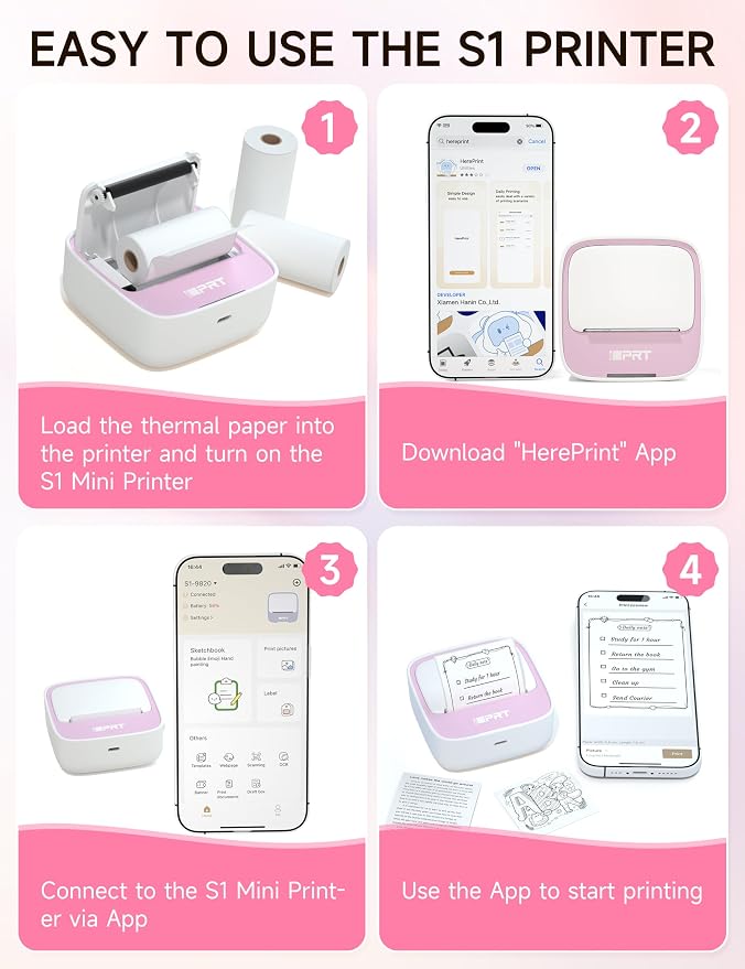 iDPRT Sticker Printer, Portable Sticker Maker Machine, Mini Inkless Bluetooth Thermal Printer for iPhone & Android, Pocket Printer for Labels, Barcodes, DIY Journaling, Kids Gift, Pink
