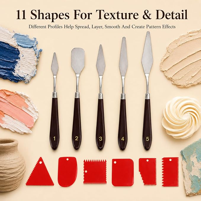 11 Pcs Painting Palette Knife Set, 5 Pcs Professional Stainless Steel Palette Knives with 6 Plastic Scrapers, Art Paint Tools for Oil, Acrylic, Watercolor Painting and Cake Decorating