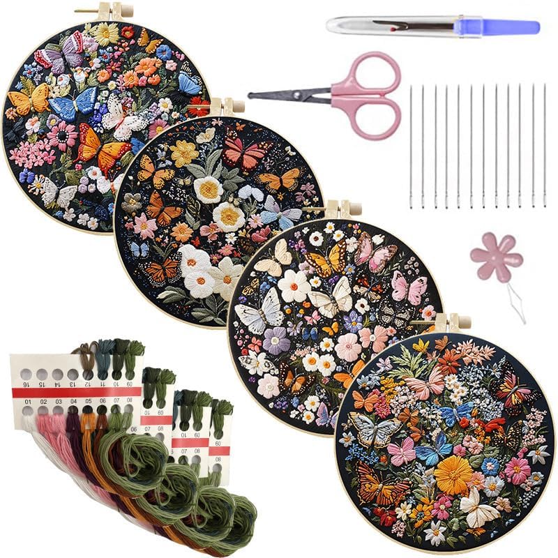 LB 4 Pack Colorful Floral Embroidery Kit for Beginners Nature Butterfly Beginner Embroidery Kit for Adults DIY Starter Kit with Embroidery Hoop Colorful Threads Tools Step by Step Instructions