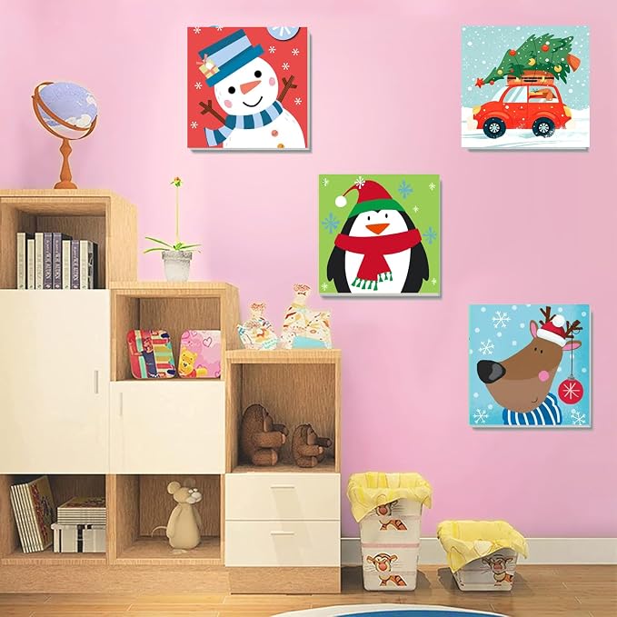 MXCFZX 6 Pcs Easy Christmas Paint by Numbers Kit Kids/Adults Framed 8x8in | Christmas Acrylic Paint by Numbers on Canva,Santa Oil Painting with Brushes,Beginners Paint-by-Number Kit for Home Wall Decor