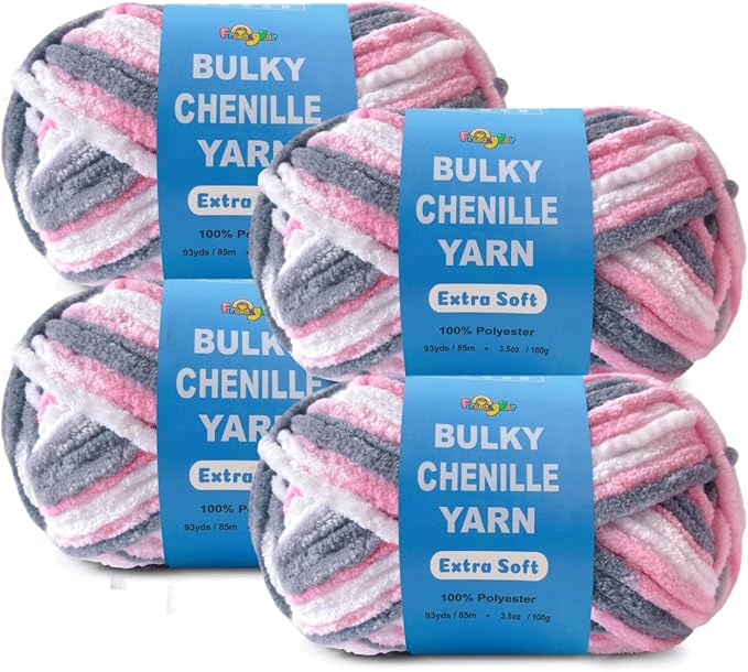 4 * 3.5Oz Soft Velvet Yarn Chenille Yarn for Crocheting and Knitting – Light Bulky (93 Yards/100g) - Microfiber Polyester - Yarn for Blanket Amigurumi Weaving Crafts (Pink Gray Mix, 4 Pack)