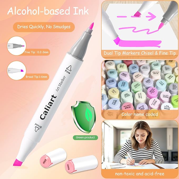 Caliart 100 Colors Pastel Alcohol Markers Fine & Chisel Art Markers Pens | Dual Tips Permanent Sketch Pens for Artists Drawing, Adults Coloring Books, Beginners Illustration, School Art Supplies Gifts