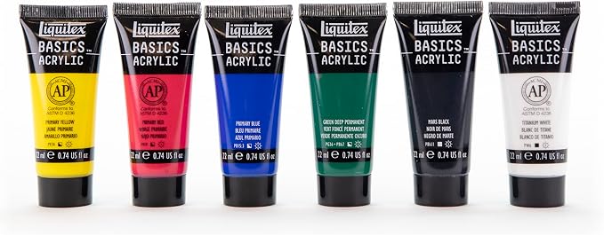 Liquitex BASICS Acrylic Paint Set, 6 x 22ml (0.74-oz) Tubes, Primary | Medium Viscosity, Satin Finish, Lightfast, Fine Art Pigments, Range of Opacities, Easy Blending