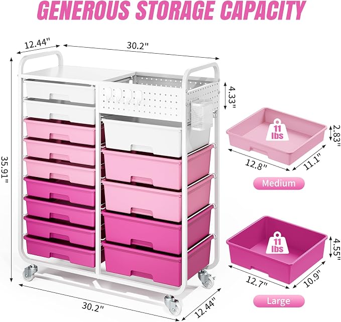14 Drawer Rolling Storage Cart with Tabletop and Pegboard for Crafts Pink | Easy Setup, Large Capacity, Sturdy Build, Smooth Mobility, For classroom, office and dorm supplies